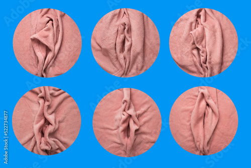 Pink soft fabric shaped as female genital organs, collection of different vulva shapes