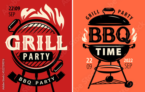 BBQ cookout flyer or poster template design set. BBQ time. Grill party. Food concept, retro vector illustration