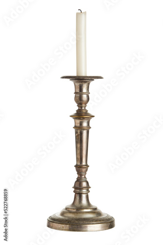 Antique silver candlestick with white candle isolated with transparent background