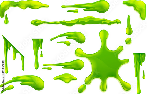 Set of slime or mucus liquid green goo blobs, splats, drips and drops design elements