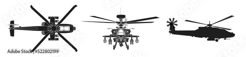 Vector set of icons of the AH-64 combat attack helicopter of the United States Air Force. Apache