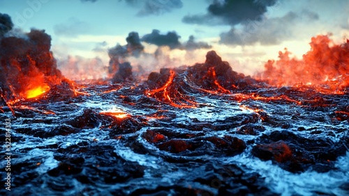 Ocean waves with lava and fire, dark smoke rises to the top.. Generative AI
