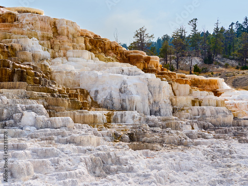 Mammoth Hot Springs, travertine terraces in Yellowstone National Park. Calcium carbonate formations. Wyoming, United States of America, USA