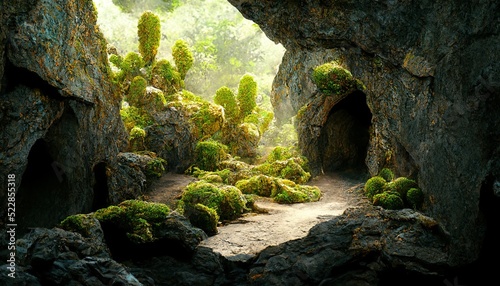Raster illustration of two caves are covered with moss high in the mountains. Tunnel in the rocks, Entrance to the ancient cave, wildlife, beauty of nature, thickets, Grotto. 3D artwork