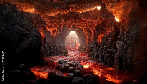Raster illustration of beautiful cave in the rock. Hot cave due to magma and volcano, volcanic eruption, jewelry stones, deep dungeon, descent to hell, throne. 3D rendering artwork