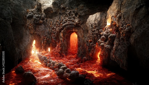 Raster illustration of beautiful cave in the rock. Hot cave due to magma and volcano, volcanic eruption, portal to the underworld, deep dungeon, descent to hell, throne. 3D rendering artwork