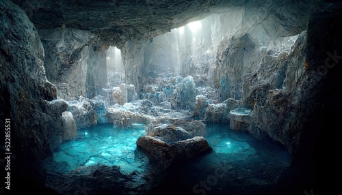 Raster illustration of underground lakes in a marble cave. Crystal clear water, spring, rocks, mountains, underground, water source, dungeon, subterranean, natural beauty. 3D rendering background