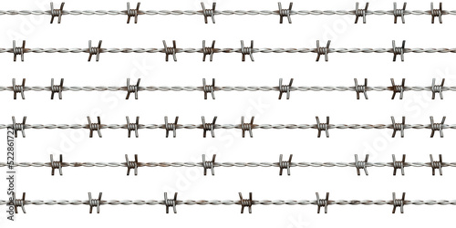 Seamless rusted barbed wire texture isolated on white background. Tileable rough grungy silver grey steel barbwire prison fence enclosure repeat pattern. High resolution 3D rendering