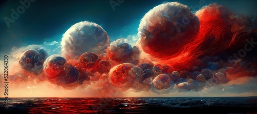 Surreal sunset with giant imaginary bubble cumulus clouds, dreamy pleasing cloudscape vista with golden hour orange and sky blue colors.