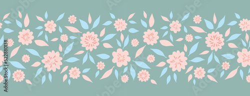 Abstract flowers seamless pattern with leaves shape stamps. Horizontal border. Pink doodle floral repeat background. Hand drawn vector for fabric, wrapping or wallpaper.
