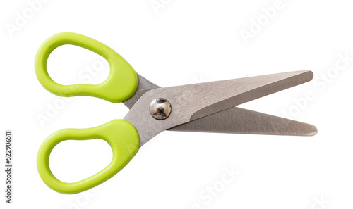 School scissors open, green handle isolated, transparent background. Kids safe tool. PNG