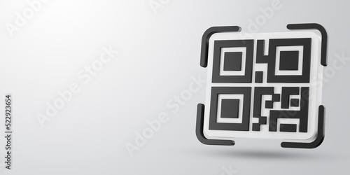 3D QR code icon and space for text against light background. 3D rendered digital symbol.