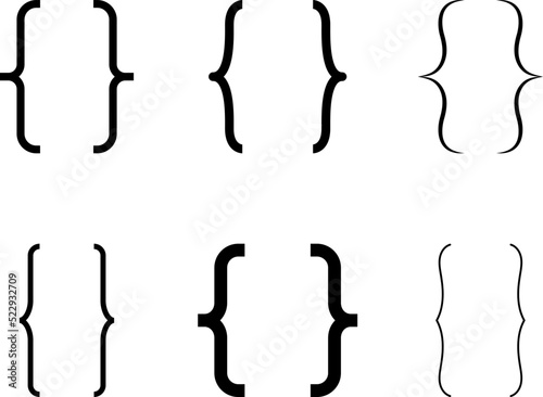 Curly braces, double symmetric brackets. Vector Typography symbols pair, frames for punctuation, maths, elements sign for text quote, mathematics.