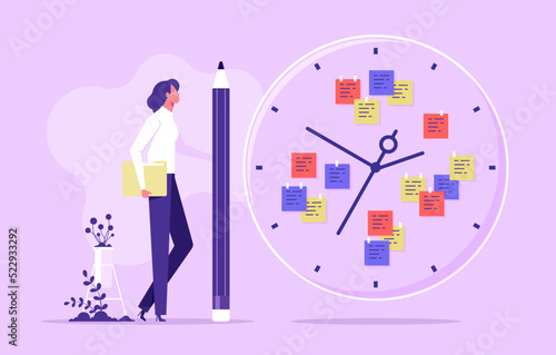 Manage your time concept. Effective planning and time management. Efficiency and productivity at work, businesspeople holding clocks. Work planning and time organization vector illustration