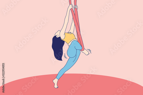 Illustrations Beautiful Young woman doing aerial yoga in red hammock