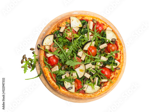 Vegetarian pizza with tofu, eggplant, tomatoes, rocket salad and spinach isolated with transparent background