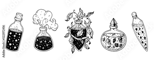 Witch's potion collection. Poison, drug, decoction sketch. Magic bottled drinks. Black and white. Hand drawn vector illustration. Witch potion vial set. Happy Halloween