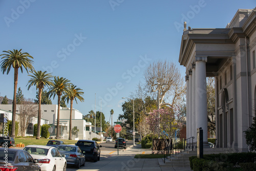 Afternoon view of a historic church in downtown Monrovia, California, USA.