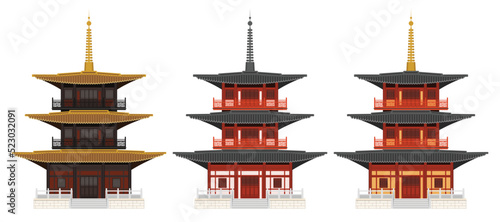 Layered editable vector illustration of Japanese traditional pagoda with three colors.