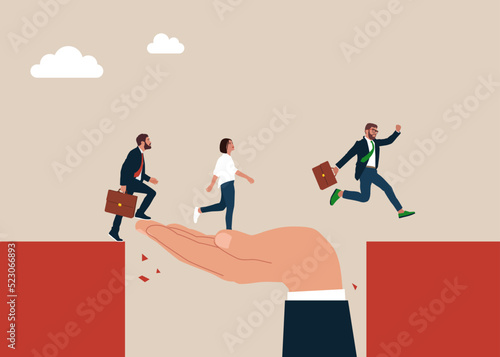 Giant hand help business people cross the problem gap. Support of help to solve problem, manager mentorship to help team success, leadership and achieve goal.
