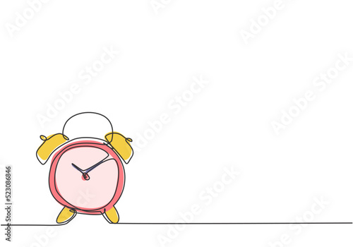 Single continuous line drawing of old retro alarm analog clock on the floor. Minimalism metaphor business deadline concept. Dynamic one line draw graphic design vector illustration