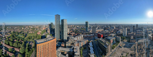 Panoramic Manchester City Centre Drone Aerial View Above Building Work Skyline Construction Blue Sky Summer Beetham Tower Deansgate Square 2022.