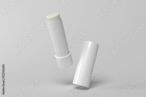 3d render mockup flying empty white packing chapstick or lip balm