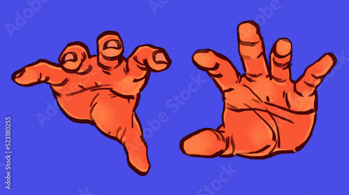 stylized illustration of bright red floating pair of hands reaching out trying to grab something isolated on blue background