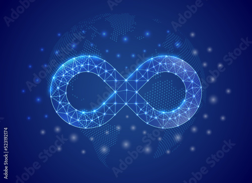 Infinity 3d low poly symbol with blue world map background. Forever concept design vector illustration. Unlimited polygonal symbol with connected dots