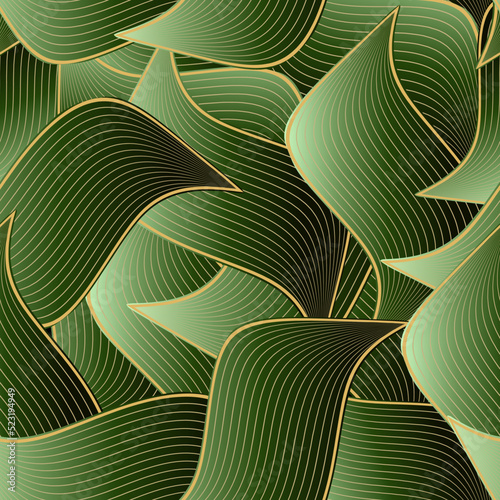 Green abstract leaves 3d linear seamless pattern. Modern wavy lines and shapes vector background. Repeat waves backdrop. Line art floral surface ornaments. Textured gradient ornate wave design. Deco