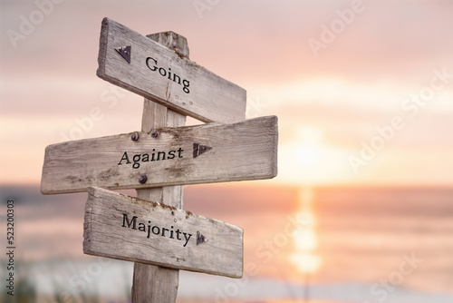 going against majority text quote caption on wooden signpost outdoors at the beach during sunset.