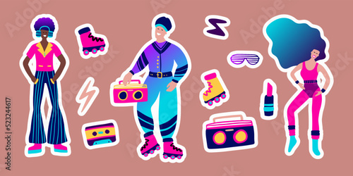 80s retro music party sticker set. Groovy funky character disco dance roller skates cartoon collection