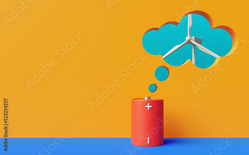 Conceptual image about renewable energies for environmental conservation with copy space. 3d rendering with a battery thinking about charging with energy from a wind turbine.