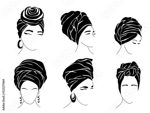 Set of silhouettes of women in traditional headwear scarf turban