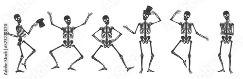 Dancing Human bones skeletons. Different skeleton poses set isolated vector illustration