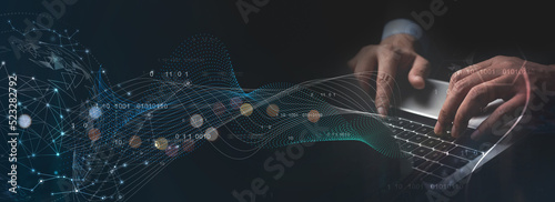 Digital transformation, internet network technology, big data, futuristic technology background. man using computer with global network connection, data link and exchange on virtual screen