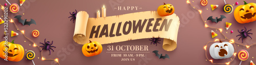 Halloween Promotion Poster or banner template with halloween pumpkin ghost, candy,string lights and halloween elements. Website spooky or banner template