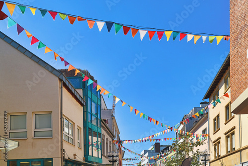 Kaiserslautern, Germany - Colorful flags decorating the street of city center