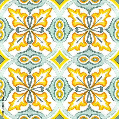 Watercolor seamless pattern with ceramic tile stylization yellow ornament. Azulejos, Portugal, Turkish Moroccan, Italian Sicilian tile mosaic ornament.