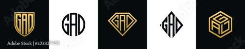 Initial letters GAD logo designs Bundle. This collection incorporated with shield, round, diamond, rectangle and hexagon style logo. Vector template