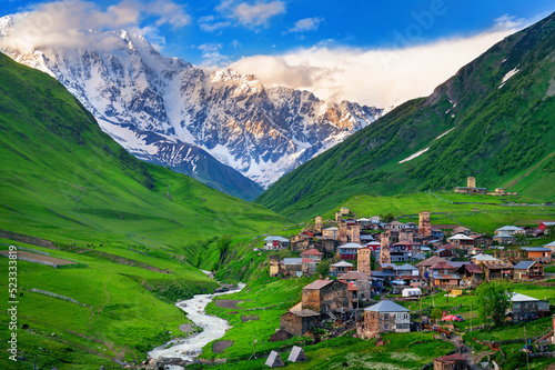 Ushguli village at the foot of Mt. Shkhara,Upper Svaneti, Georgia.