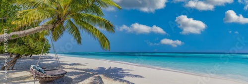 Amazing beach landscape, super wide panoramic exotic travel background. Luxury travel, idyllic couple honeymoon love destination. Sunny sea sand sky, exotic resort coast. Palm lagoon, seascape banner