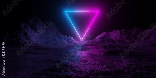 Mountain terrain landscape with pink and blue neon light glowing inverted triangle shape frame, retro technology or futuristic alien background template