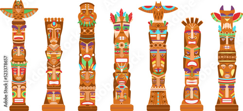 Mask totem poles. Hawaii tiki totems, ancient mythological symbols indigenous americans. Tribal masks, cartoon native indian decent vector sculptures