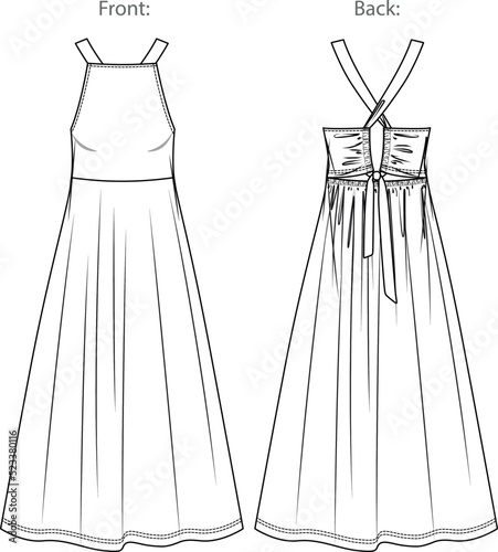 Vector flared long dress fashion CAD, woman maxi dress with shoulder straps technical drawing, gathering detail dress flat, template, sketch.Jersey or woven fabric dress, front, back view, white color