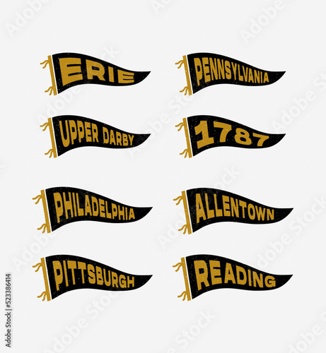 Vintage pennants Philadelphia, Allentown, Pittsburgh, Reading, Erie, Pennsylvania, Upper Darby, 1787. Retro colors labels. Vintage hand drawn wanderlust style. Isolated on white background. 