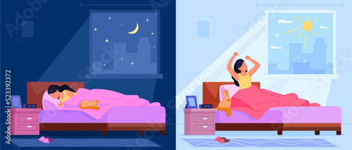 Sleep and wake up in bedroom. Lazy sleeping happy woman and waking early stretching morning at sunrise window, awake lady sitting mattress bed in home room, vector illustration