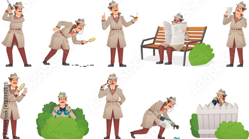 Inspecting detective character. Mystery inspector investigating case cartoon investigator serious looking inspection evidence spy private surveillance ingenious vector illustration