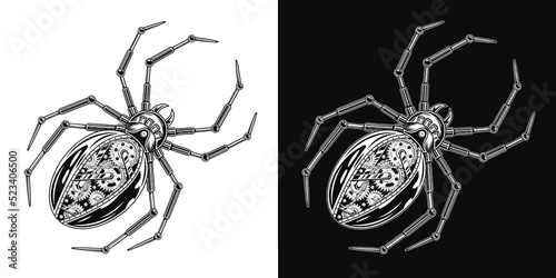 Metallic spider in steampunk style with gears. Creative spooky, scary, horror design element for halloween decor. Monochrome creative detailed vector illustration