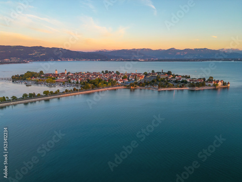Panoramic view on the city Lindau and the Lake Constance in Germany.